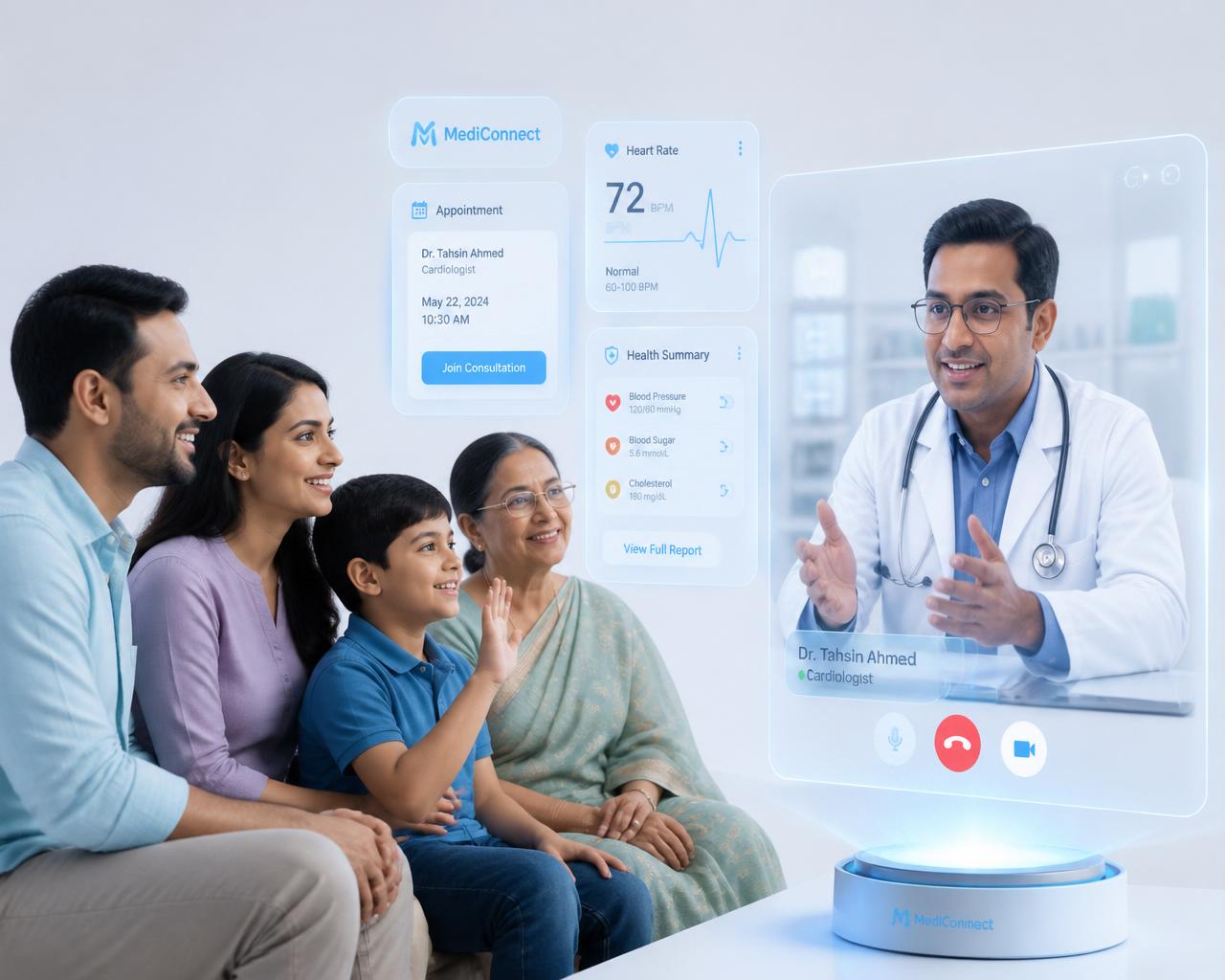 Bangladeshi family consulting a doctor through SmartCare's digital healthcare platform
